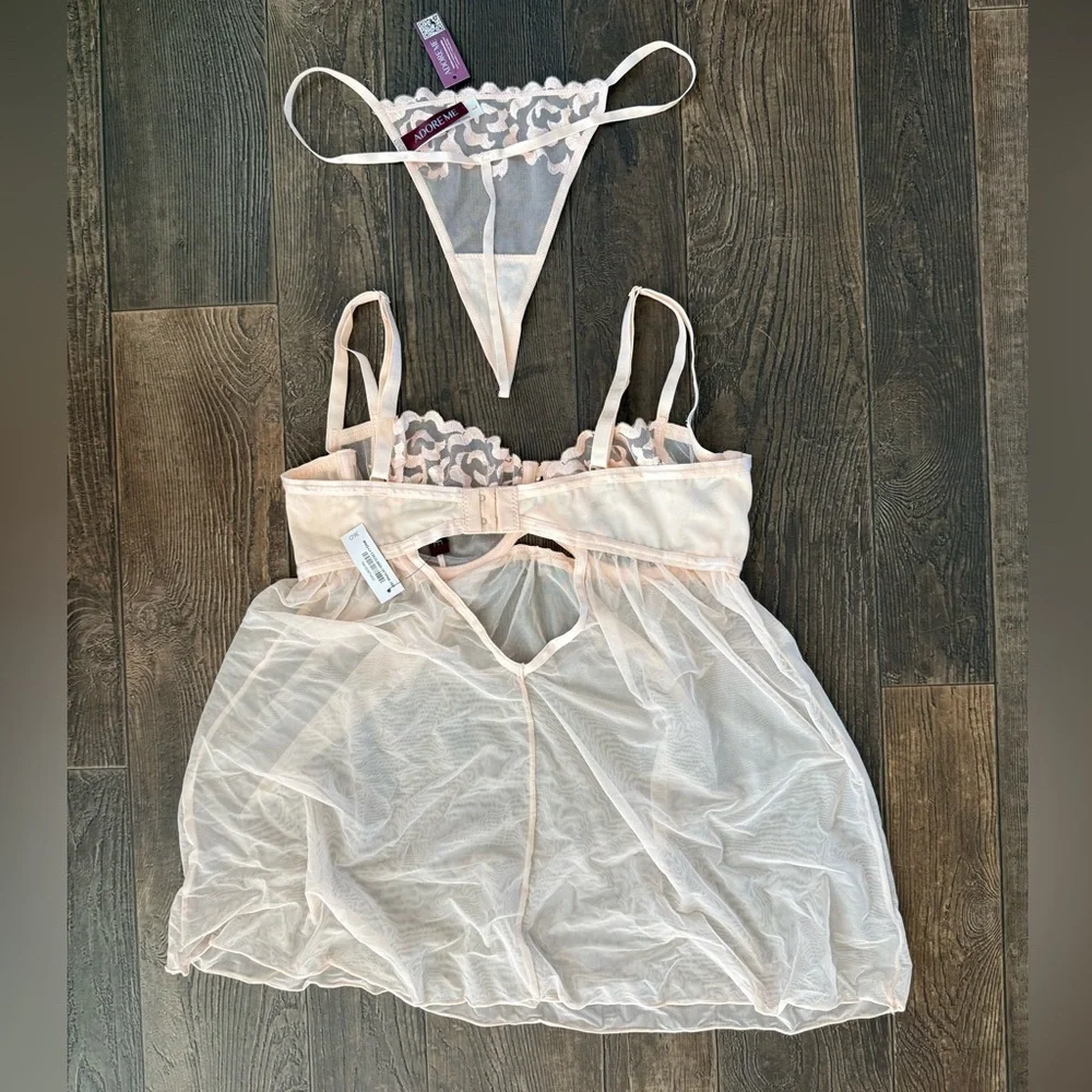 Adore Me Sheer Mesh Babydoll & Thong Lingerie Set Large NWT